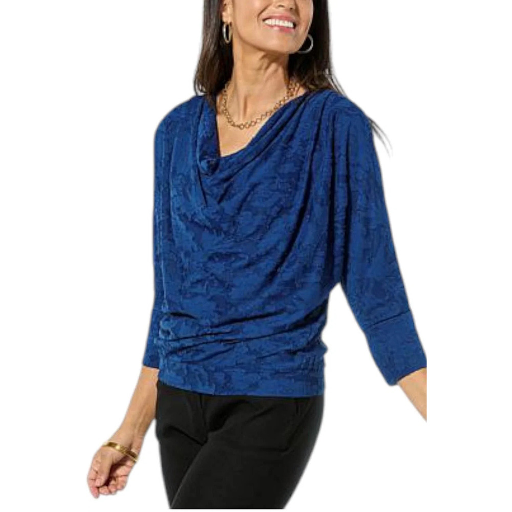 Lloyd Boston Floral Cowl-Neck 3/4-Slv Dolman Top Estate Blue - Regular